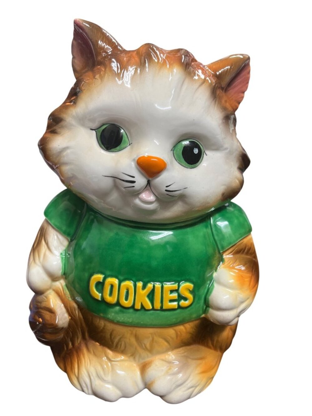 Japan Made vintage 50's brown green cat kitten 10"x7"x5" cooke jar SKU 10-238